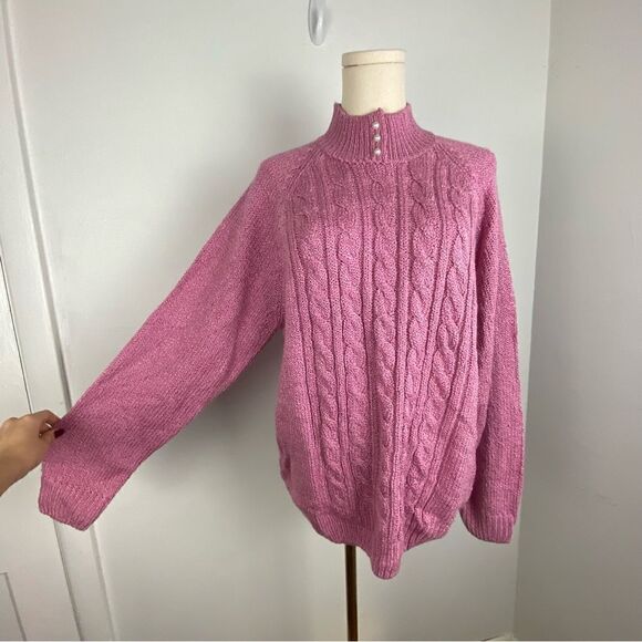 Pink Cable Knit Mock Neck Sweater CoastalGrandma Cottagecore Soft Girl Y2K Large - Picture 8 of 11